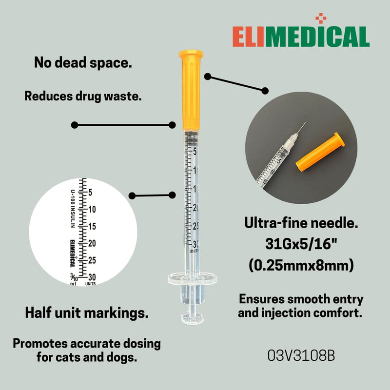 Veterinary Insulin Syringe U-100 0.3cc (ml), 31G x 5/16 inch (7.9mm), Individually Packed, for Pet Cat or Dog, 100 per box, 03V3108B
