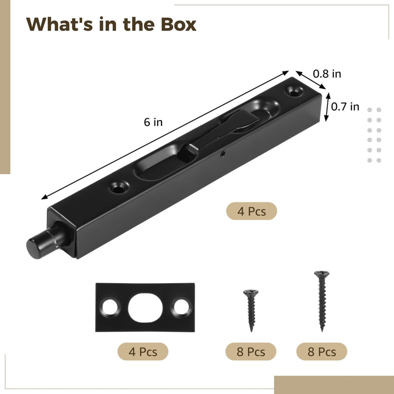 4 PCS Hidden Door Bolt Latches, 6 in Stainless Steel Concealed Latch Lock for Double Doors, Invisible Sliding Bolt for French Doors, Includes Mounting Screws, Spacers for Enhanced Home Security