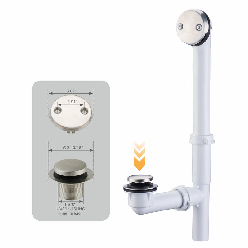Brushed 1-1/2" Tubular Bath Drain Kit with Tip Toe Bathtub Drain Stopper, Wellup Tub Drain Kit Bath Waste and Overflow Cover, PVC Plastic Pipe for Standard Size Tubs, Brushed Nickel