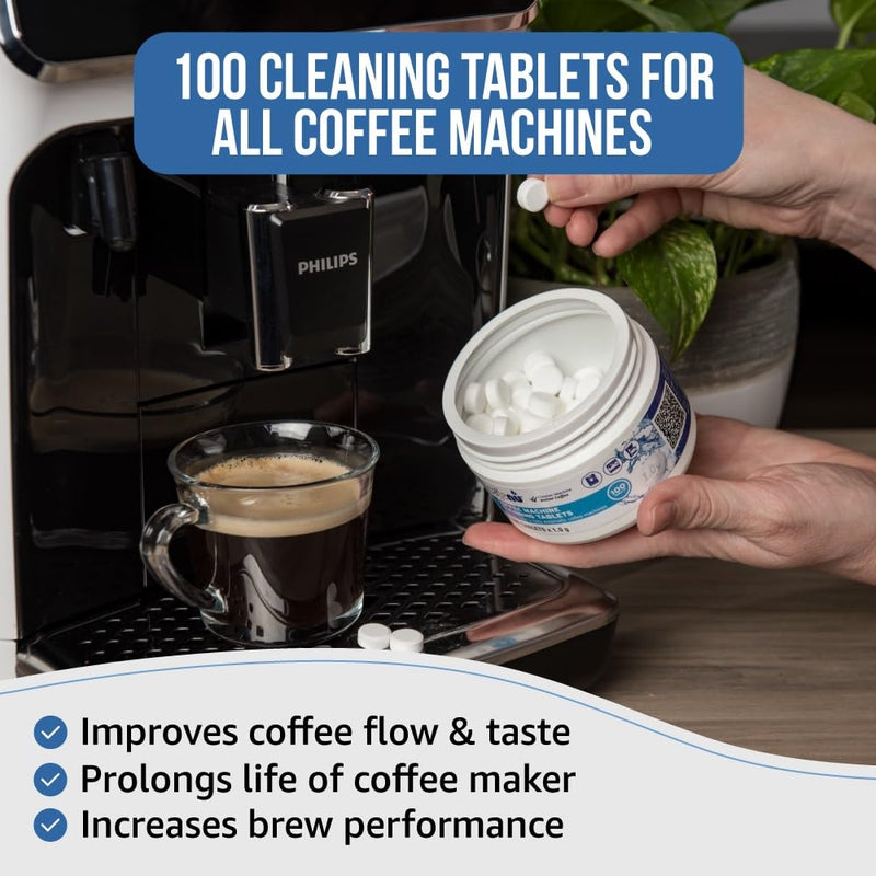 Espresso Cleaning Tablets. 100 x 0.035 oz Coffee Cleaner Tablets. Machine Cleaning Tablets used every 100 cups. Automatic, Superautomatic & Bean to Cup. Use with Descaling 1 Count (Pack of 100)