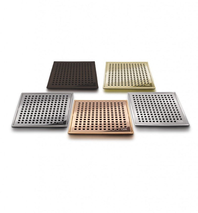 QM Square Shower Drain, Grate made of Stainless Steel Marine 316 and Base made of ABS, Lagos Series Mira Line, 5 inch 3/4, Bronze Finish, Kit includes Hair Trap/Strainer and Key 5 3/4 x 5 3/4