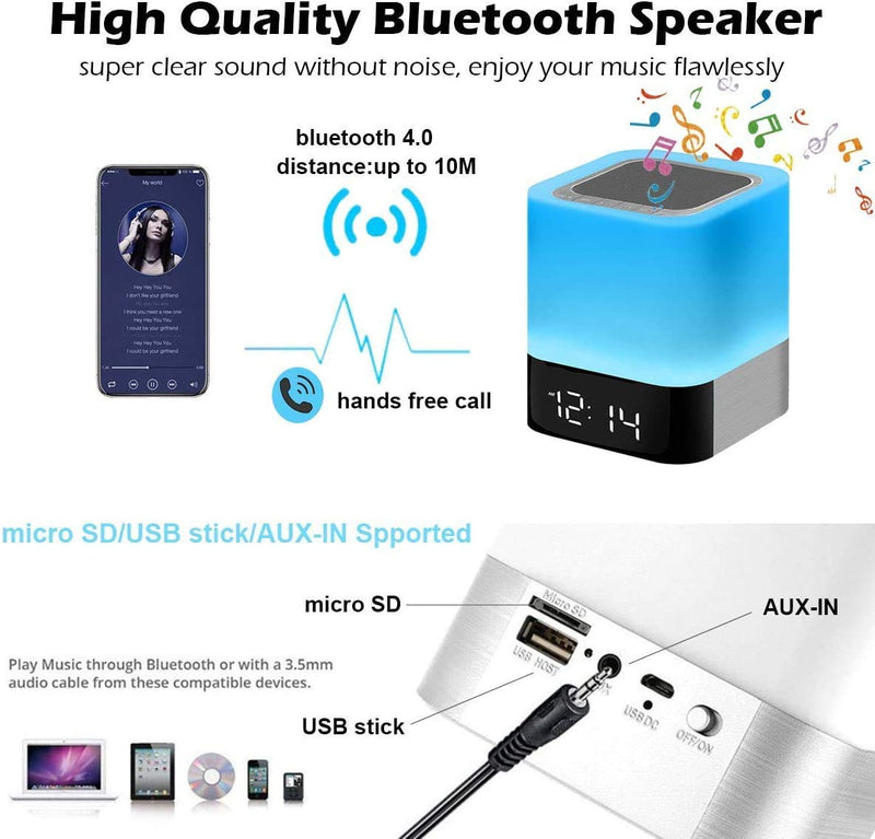 Night Lights Bluetooth Speaker, Alarm Clock Bluetooth Speakers Touch Sensor Bedside Lamp Dimmable Multi-Color Changing Bedside Lamp, MP3 Player, Wireless with Lights