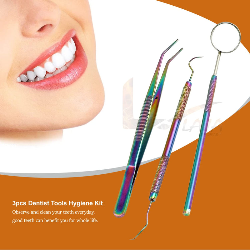 Dental Hygiene Set - 3Pcs Basic Dental Instruments Stainless Steel Dental Rainbow Tooth Pick, Mouth Mirror/Cotton Plier/Dentists Tools is Ideal for Personal Use & Pet Friendly for Educational Use