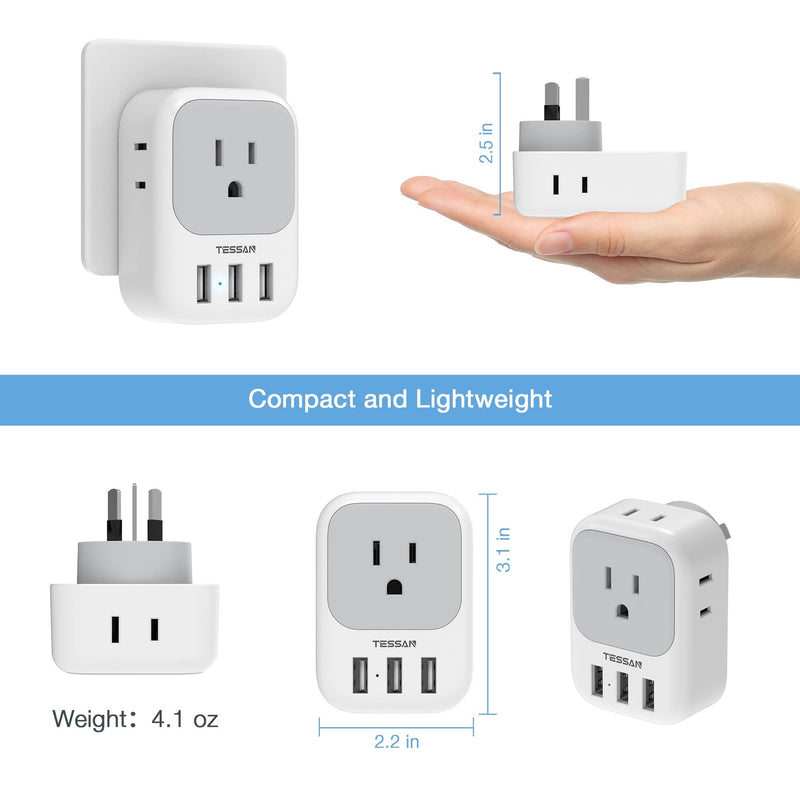 TESSAN Australia Power Plug Adapter, US to New Zealand Power Adapter with 4 American Outlets 3 USB Charger, Type I Travel Adaptor for USA to Australian, China, AU, Argentina, Fiji, Cook Islands, Samoa gray/white-Type I