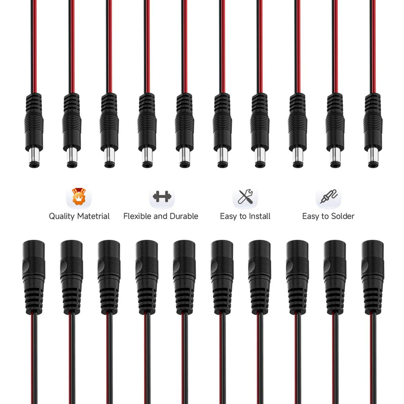 BTF-LIGHTING 10 Pairs 2 Pin 5.5mm x 2.1mm Male/Female 15cm 20AWG Wire DC Power Pigtail Cable Connector Plug for 2PIN FCOB COB LED Strip Light 2PIN DC