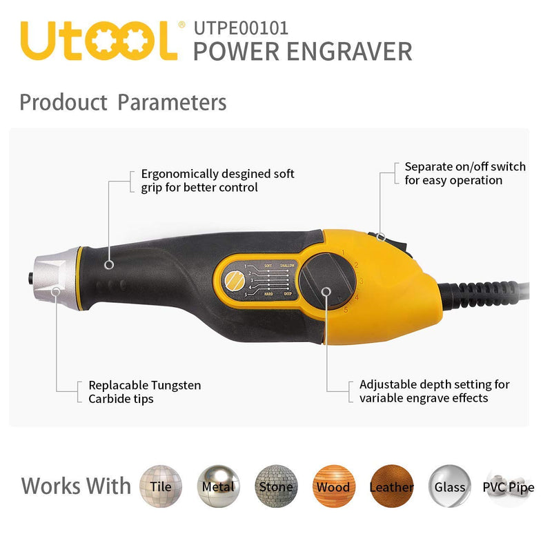 UTOOL Engraver Pen with Letter/Number Stencil, 24W Handheld Etching Tool for Wood Metal Glass Engraving with 4 Replaceable Tungsten Carbide Steel Bits 1 Pen + 4 Bits + 1 Stencils