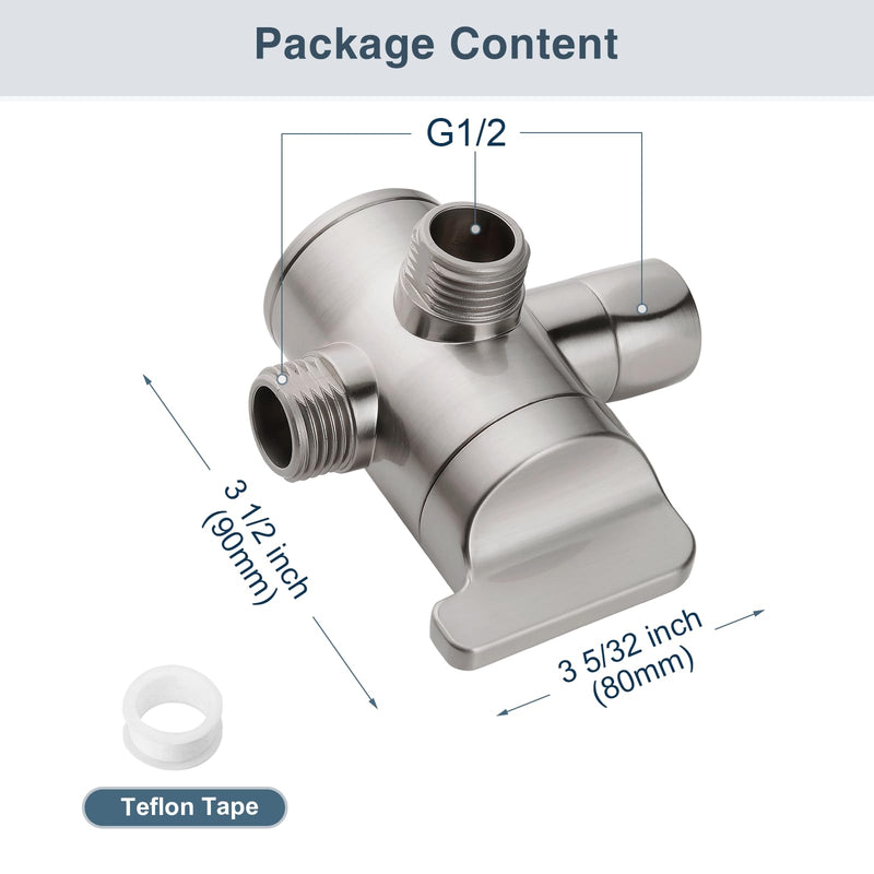 BRIGHT SHOWERS Shower Arm Diverter Valve for Hand held Showerhead and Fixed Spray Head, 3-Way Shower Head Diverter Valve, Brushed Nickel