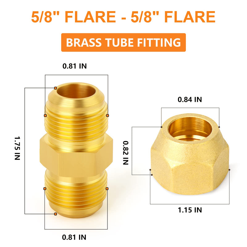 GASHER 2Packs Metals Brass Tube Fitting, Half-Union with Flare Nut, 5/8" Flare x 5/8" Flare Male Pipe Fittings Straight with Nut 2