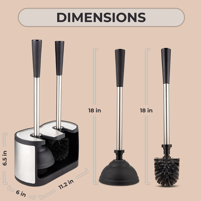 UMIEN Toilet Brush and Plunger Set 18-in - Updated 2025 No-Rust - Stainless Steel Design - Long Handles - with Freestanding Canister Satin Nickel 1 pack