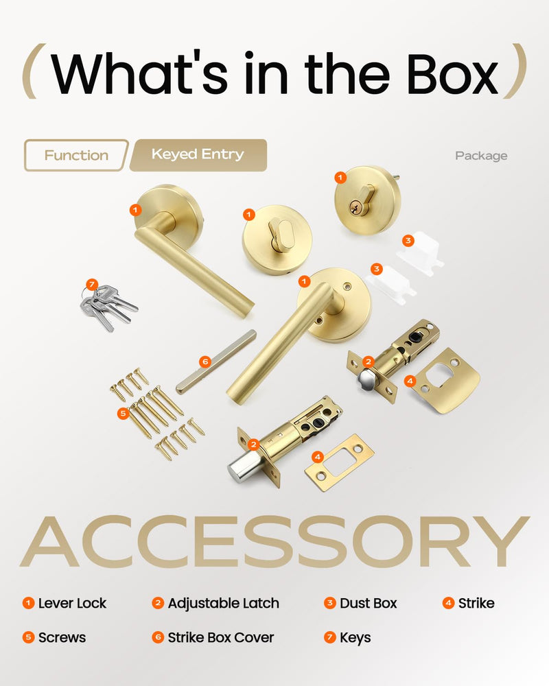 Leydebong 1 Pack Gold Front Door Locksets with Deadbolt, Satin Brass Door Handles, Combination Door Lock, Keyed Alike Exterior Door Lever Satin Brass - Keyed Alike Deadbolt Lock Set