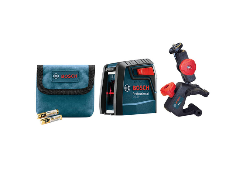 BOSCH GLL 30 30 FT Self-Leveling Cross-Line Laser, Includes 2 AA Batteries & Flexible Mounting Device 30ft