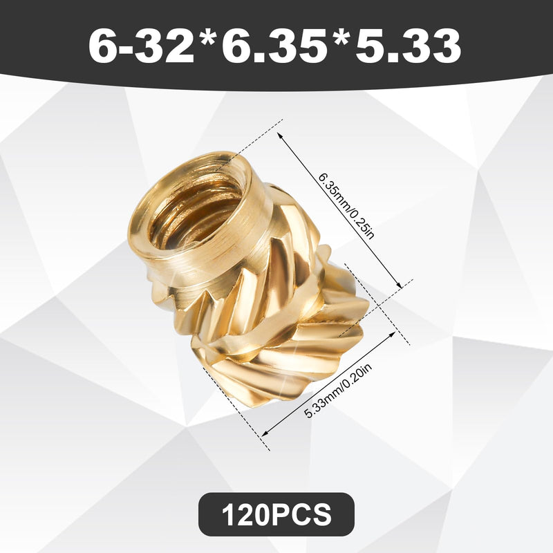 120pcs Threaded Insert, 6-32 x 6.35 x 5.33mm 3D Printing Brass Nuts Knurled Brass Nuts Female Thread Knurled Heat Embedment Nut for 3D Printing Parts Loptop Automotive Plastic Shell