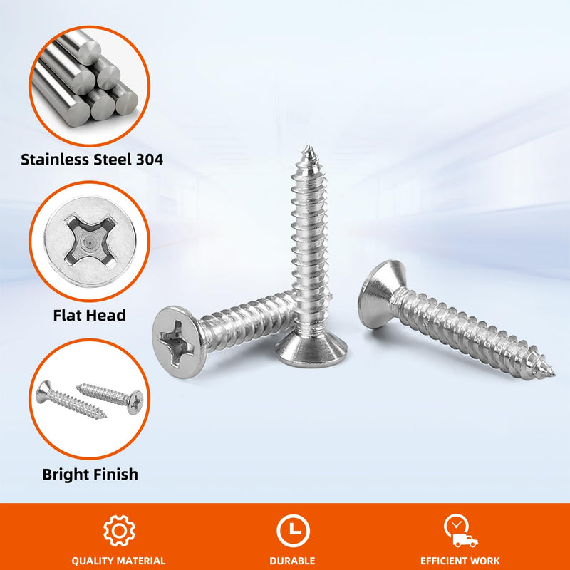 #10 x 1" Flat Head Sheet Metal Screws Wood Screws, Self Tapping, Stainless Steel 18-8, 50 PCS #10 x 1"