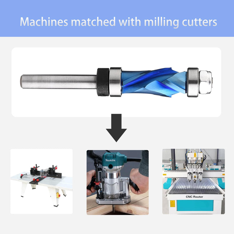 Compression Spiral Flush Trim Router Bit Top & Bottom Bearing 1/2 inch Cutting Dia with 1/4 inch Shank with Nano Coated Pattern Solid Carbide Template Woodworking Tool FRCT2 1/2"Dia +1/4" Shank