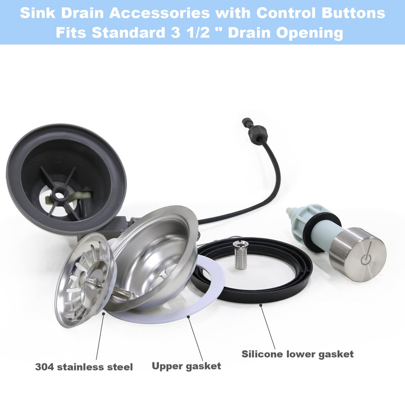 New 3-1/2 '' Kitchen Sink Drain Kit with Control Button Sink Drain Basket 304 Stainless Steel SinkStrainer Stopper for kitchens and bathrooms Grey