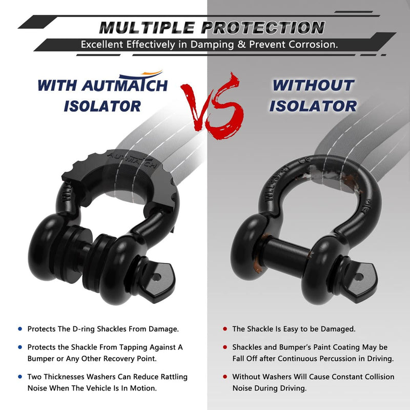 AUTMATCH D Ring Shackle Isolators Washers Kit - 2 Rubber Shackle Isolators with 8 Washers, Fits 3/4 Shackles Protect and Prevents Rattling, Shackle Cover Black 3/4 Shackle Isolator & Washer