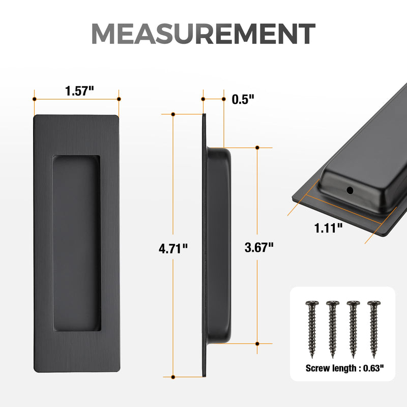 JOY DECOR 2 Pack 4.72" Pocket Door Handles + 1 Finger Edge Pull, Black Recessed Flush Rectangular Stainless Steel Hardware Set for Sliding Doors & Cabinets 4.72 inch