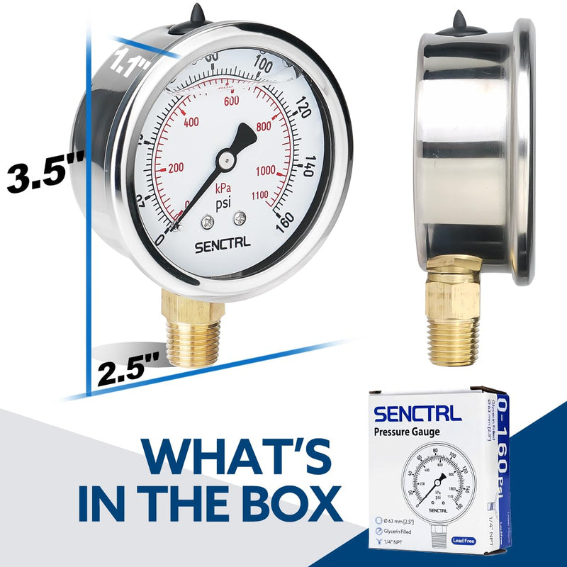 SENCTRL 160 Psi Lead-Free Glycerin Liquid Filled Low Pressure Gauge, 2.5" Dial Size, 1/4" NPT Lower Mount, Stainless Steel Case, for Home Potable Water Pump, Air, Well, RV Hose, Pressure Test 0-160Psi Lower Mount (Lead Free)
