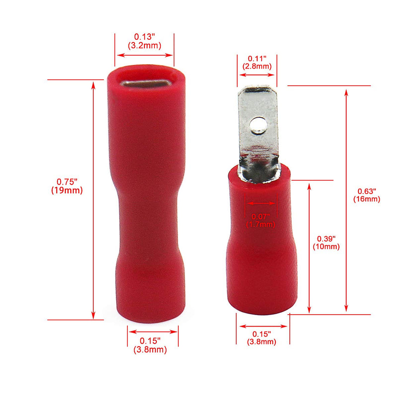 Baomain Female/Male Red Spade Insulated Electrical Crimp Terminal Connectors 22-16 AWG 2.8mm Pack of 100