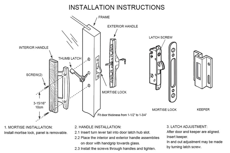 Patio Sliding Patio Door Handle Set with Mortise Lock, Key Cylinder and Keeper, Wood Handle Lock Set Fits Door Thickness from 1-1/2" to 1-3/4", 3-15/16" Screw Hole Spacing, Keyed, White with Key + with Keeper