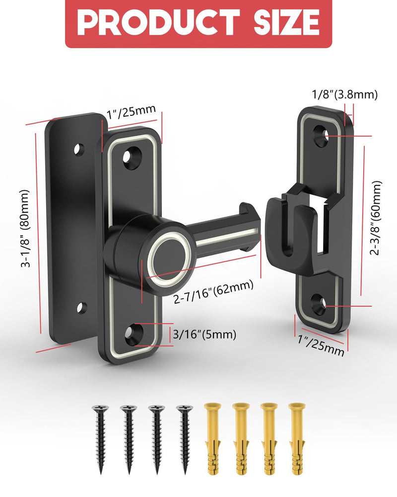 Heavy Duty Gate Latches 90 Degree Right Angle Barn Door Lock, Anti-Theft Sliding Door Lock Latch for Wooden Fence Garden Bathroom Outdoor Garage Window Include Screw (Luminous Black - 2 Pack) Luminous Black - 2 Pack