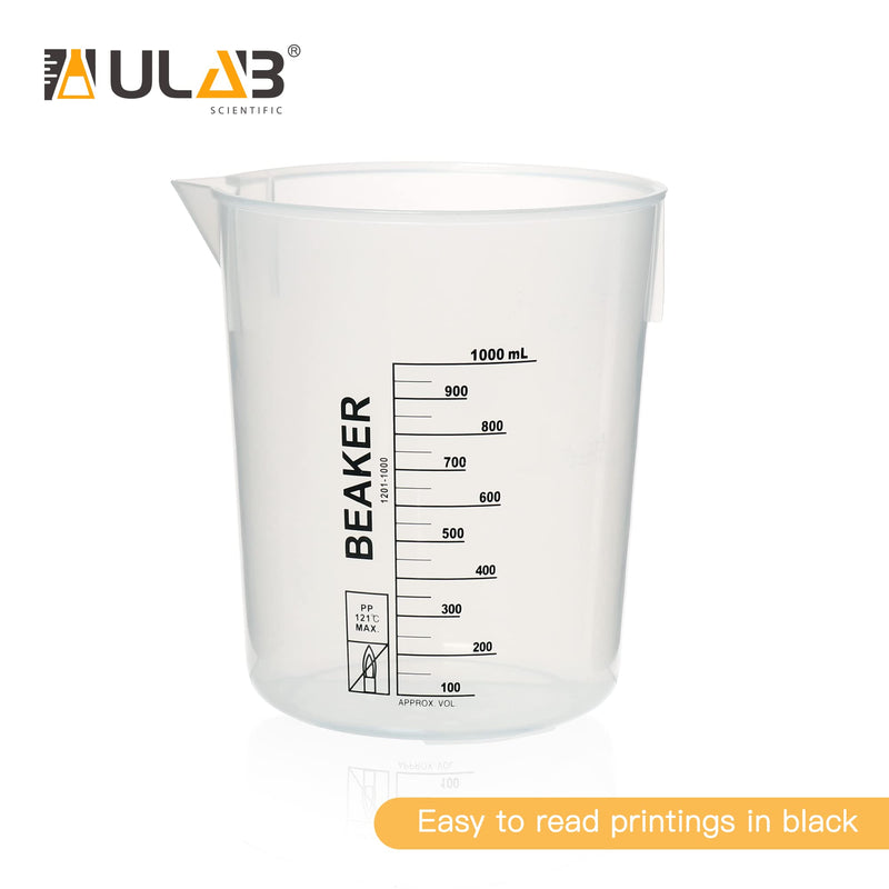 ULAB Scientific Stackable Graduated Plastic Beakers, 3pcs of 1000ml(33.8oz), with Easy-to-Read Printings in Black, UBP1014 3pcs of Vol.1000ml with black printings