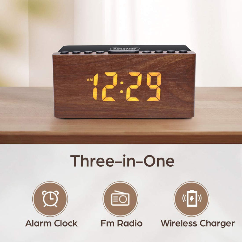 ANJANK Wooden Digital LED Alarm Clock FM Radio, Fast Wireless Charger Station for iPhone/Samsung Galaxy, 5 Level Dimmer, USB Charging Port, 9 Sounds, Sleep Timer for Bedroom, Bedside, Desk Brown