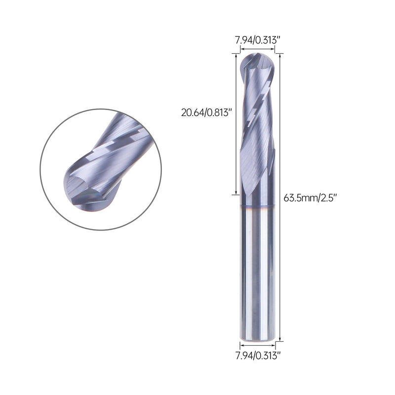 HUHAO 5/16 Inch Ball Nose Carbide End Mill,CNC Cutting Tools for Stainless Steel,Hardened Steels,High Temp Alloys,Medium Alloy Steels, 2 Flute,5/16" Shank 2-Flute-5/16 inch