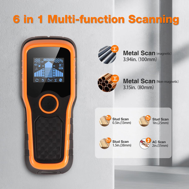Stud Finder Wall Scanner, Stud Detector 6 in 1 with Upgraded Intelligent Chip, HD LCD Screen and Audio Alarm, Stud Finder for Wood Metal Live AC Wire Pipe Studs Joist Drywall Detection