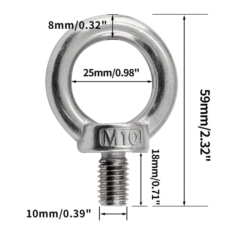 6Pcs M10 Lifting Eye Bolts, 304 Stainless Steel Male Thread Machinery Shoulder Ring Eye Bolt Heavy Duty M10 (6Pcs)