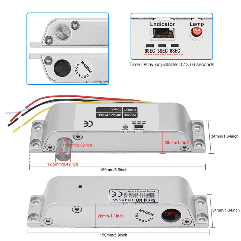 Electric Drop Bolt Lock DC 12V Fail Safe NC Mode Electronic Door Lock for Access Control Security System with Time Delay