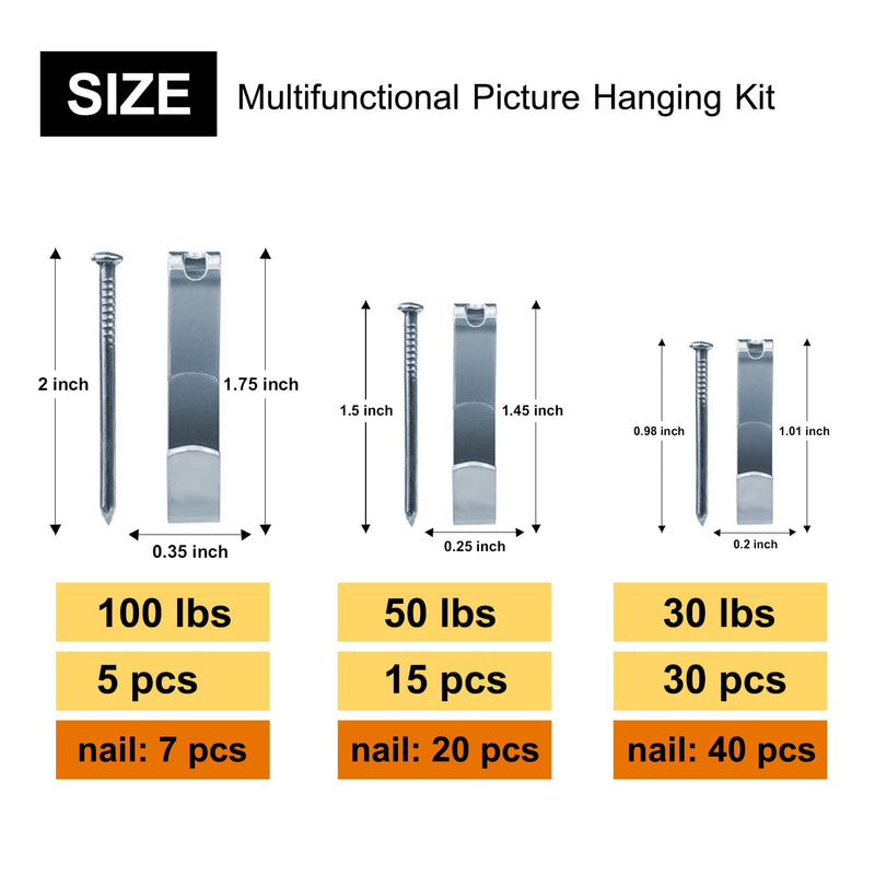 117Pcs Picture Hangers, 3 Size Picture Hooks Including 30/50/100lbs, Picture Hanging Kit, Professional Plaster Picture Hanging Kit for Wooden Wall or Drywall(50 Hangers+ 67 Nails) Silver30- 100lbs