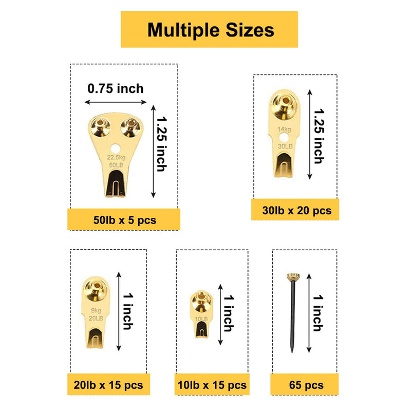 Picture Hangers, 120pcs Picture Hooks with Nails, FUZANWJ Picture Hanging kit, Wall Hangers, Wall Hanging Kit for Drywall/Wooden Wall, Holds 10-50 lbs Gold：10-50LBS