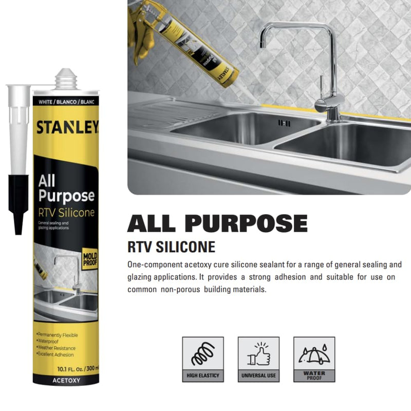 Stanley All Purpose RTV Silicone Sealant - 2x10.1 fl. oz. Gray, Window and Door Caulk,%100 Silicone Waterproof and Flexible Sealar for Kitchen & Bathroom, Cartridge, 2 Pack Grey