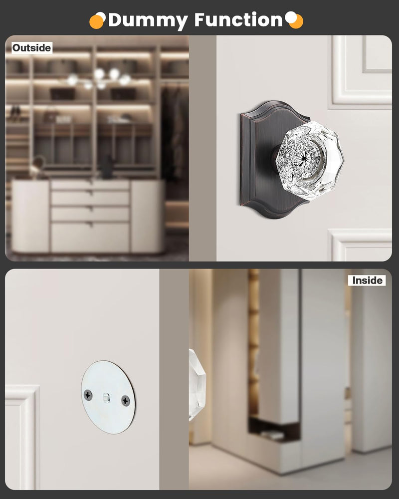 Gobrico Single Side Dummy Clear Crystal Door Knobs,No Lock Interior Half Dummy Handles,Inactive One-Side Dummy Levers in Oil Rubbed Bronze,3 Pack 3