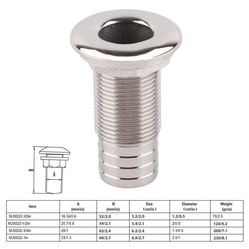 Tissting Thru-Hull Valve Fitting, 1" Boat Thru Hull Marine Straight Thru Hull Fitting 316 Stainless Steel Water Drain Outlet Plumbing Valve Hose Thru Drain Connector for Boat, Yachts(1in) 1in