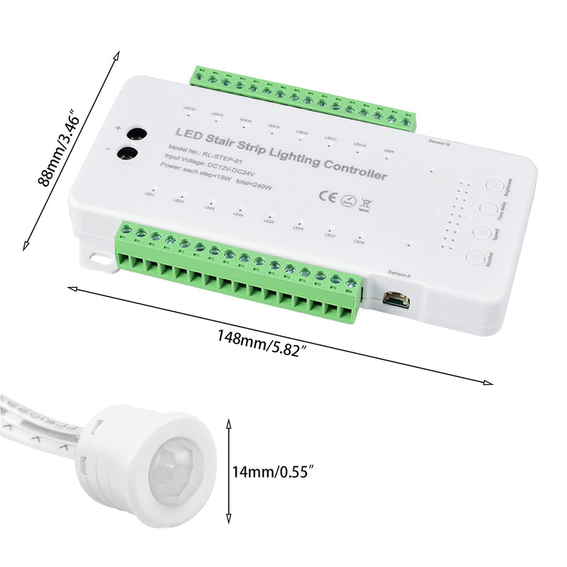 16 Channel LED Motion Sensor Stair Light Controller Automatic Stairway LED Controller Light Step Lighting Controller System Speed Brightness Adjustable (16 Channels) 16 Channels