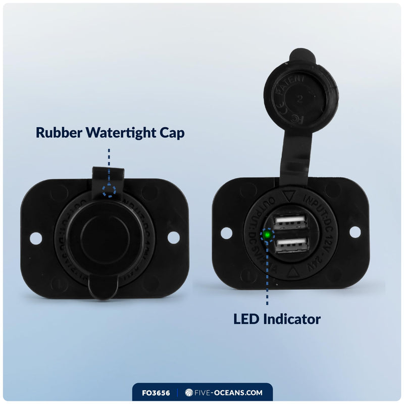 Five Oceans Marine Waterproof Dual Port USB Power Socket, 12 Volts - 24 Volts, UV-Stabilized ABS Plastic, Easy Installation, Sport, Pontoon, Fishing Boats, LED Power Indicator - FO3656
