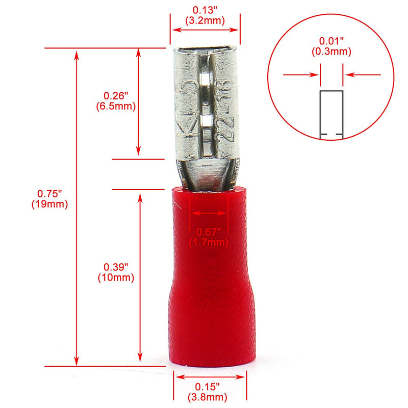 Baomain 0.11" Red Female Insulated Spade Wire Connector Electrical Crimp Terminal 18-22 AWG 2.8 x 0.5mm (100PCS) 100