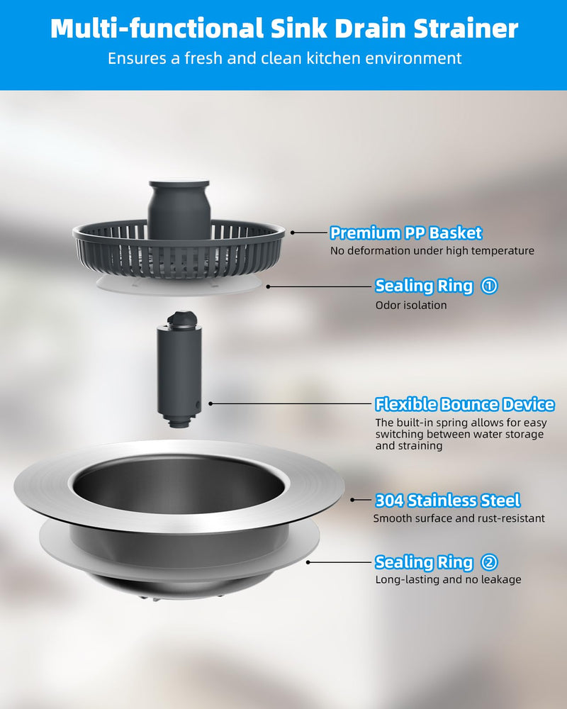 Hibbent Upgraded 3 in 1 Kitchen Sink Drain Strainer and Stopper Combo, Stainless Steel Metal Pop Up Sink Stopper, Anti-Clogging Basket Strainer with Handle for US Standard 3-1/2 Inch Drain Chrome