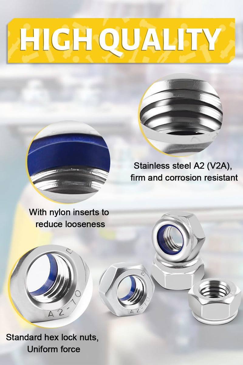 50Pcs M3-0.5mm Nylon Insert Hex Lock Nuts DIN985 Stainless Steel A2 Self Locking Nuts for Industrial Construction Fasteners 50 M3×0.5