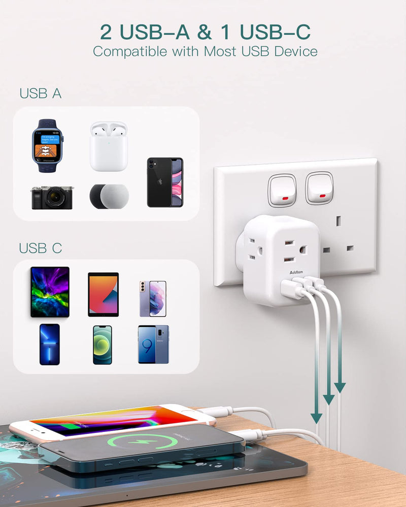 US to UK Ireland Plug Adapter, Addtam Type G Power Adapter with 3 AC Outlets and 3 USB(1 USB C), Travel Essentials for USA to Dubai Scotland British London England Hong Kong Irish Type G UK Ireland - 1 Pack