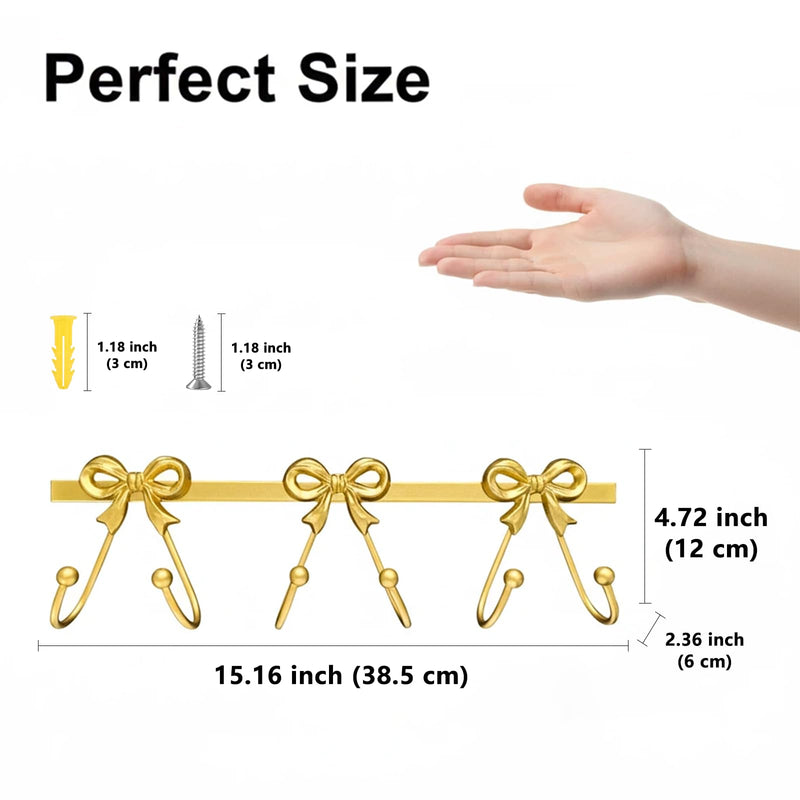 Gold Bow Wall Mounted Coat Rack, Heavy Duty Metal Bow Wall Hooks with 6 Hooks, Decorative Entryway Organizer for Robes Towels Purses Keys Gold