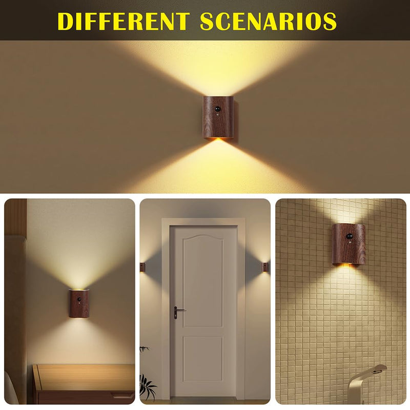 LANDGOO Intelligent Linkage LED Step Lights Wall Lamp, 2700-3000K Wooden Motion Sensor Stairs Night Light, Rechargeable for Stairs Hallway(Walnut Wood 2ps) Walnut Wood 2ps
