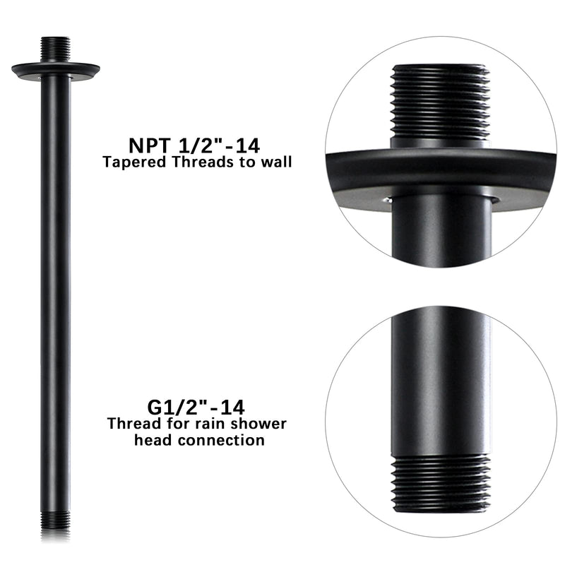 12 Inch Shower Arm and Flange Matte Black, Ceiling Mounted Shower Arm for Rain Shower Head 12 Inches
