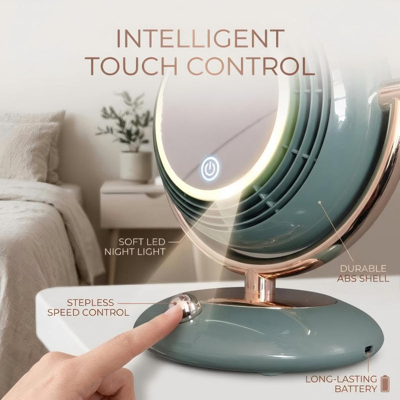 Retro-Style Makeup Mirror Desktop Portable Fan, Desktop Dressing Mirror with Built-in Fan, Equipped with LED Lighting, Warm and Cool Tone Lights, Touch Control Function (White) White