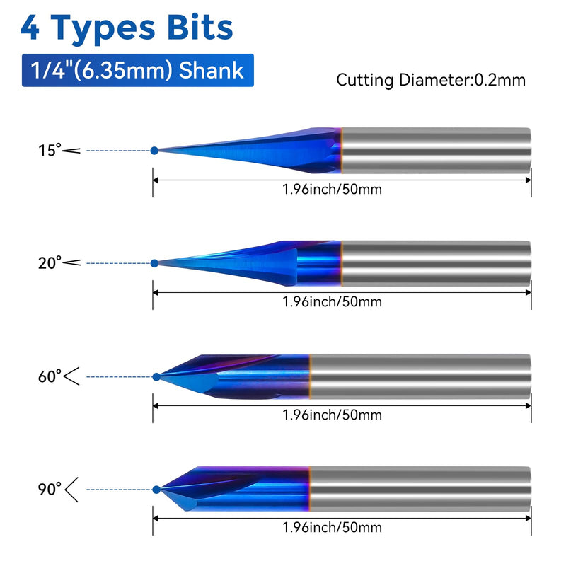 CNC Wood Carving Router Bits Set 1/4 Shank 15° Detail Carving Liner+ 20° Profile Bit+ 60° & 90° V Groove Router Bits 1/4 Shank with Nano Blue Coated, for CNC Engraving and Chamfering