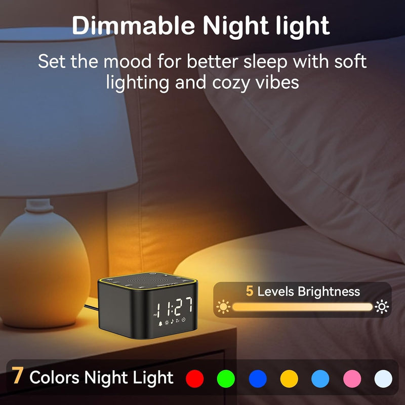 Sound Machine with Alarm Clock: 30 Non-Looping Sleep Sounds - White Noise Alarm Clock for Natural Wake Up - Adjustable Volume & Light, Memory Function, Sleep Timer (Black) Black 3.15*3.15*1.85 Inch