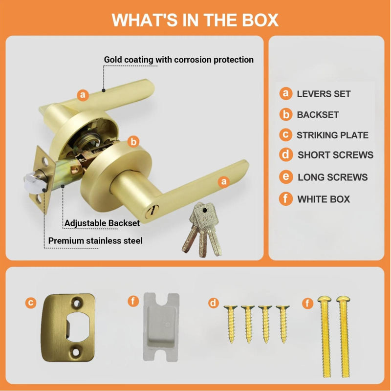 Brushed Gold Interior Handle with 3 Keys, Interior Gold Privacy Lever for Bedroom & Bathroom, Reversible Left/Right, Easy 5–10 Min DIY Installation, Heavy-Duty Build, 1 Pack