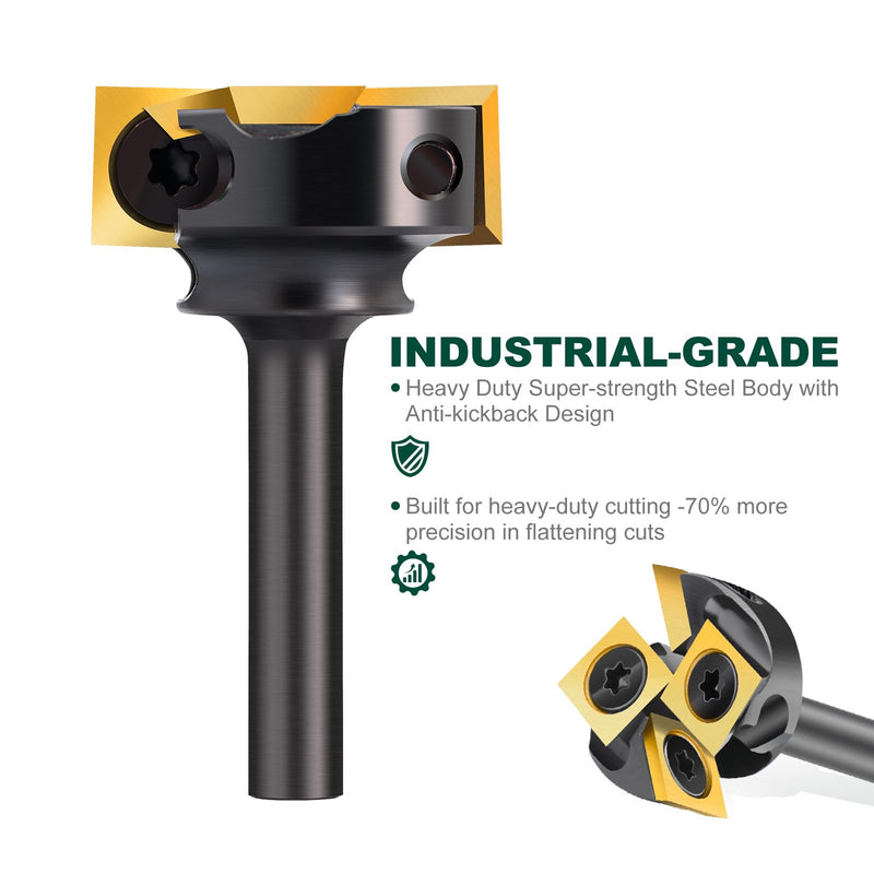 Slab Flattening Router Bit 1/4 inch Shank, 1'' Cutting Diameter | Spoilboard Surfacing Router Bit with Titanium Coated Carbide Insert CNC Router Bits Woodworking Tools 1/4" Shank-1" Cut Dia. (2+2 Inserts) TiN